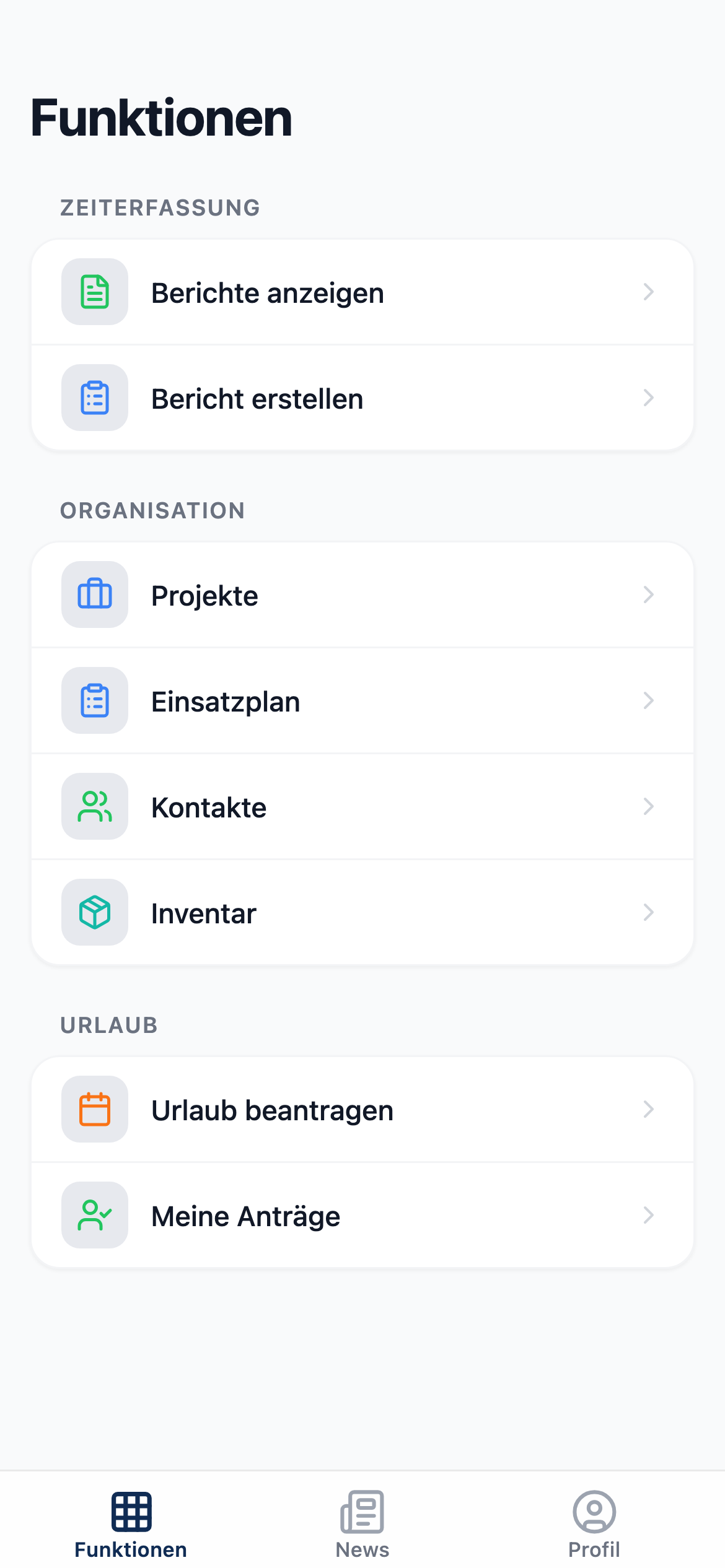 PROEXO App: Funktionsübersicht mit Zeiterfassung, Organisation und Urlaub