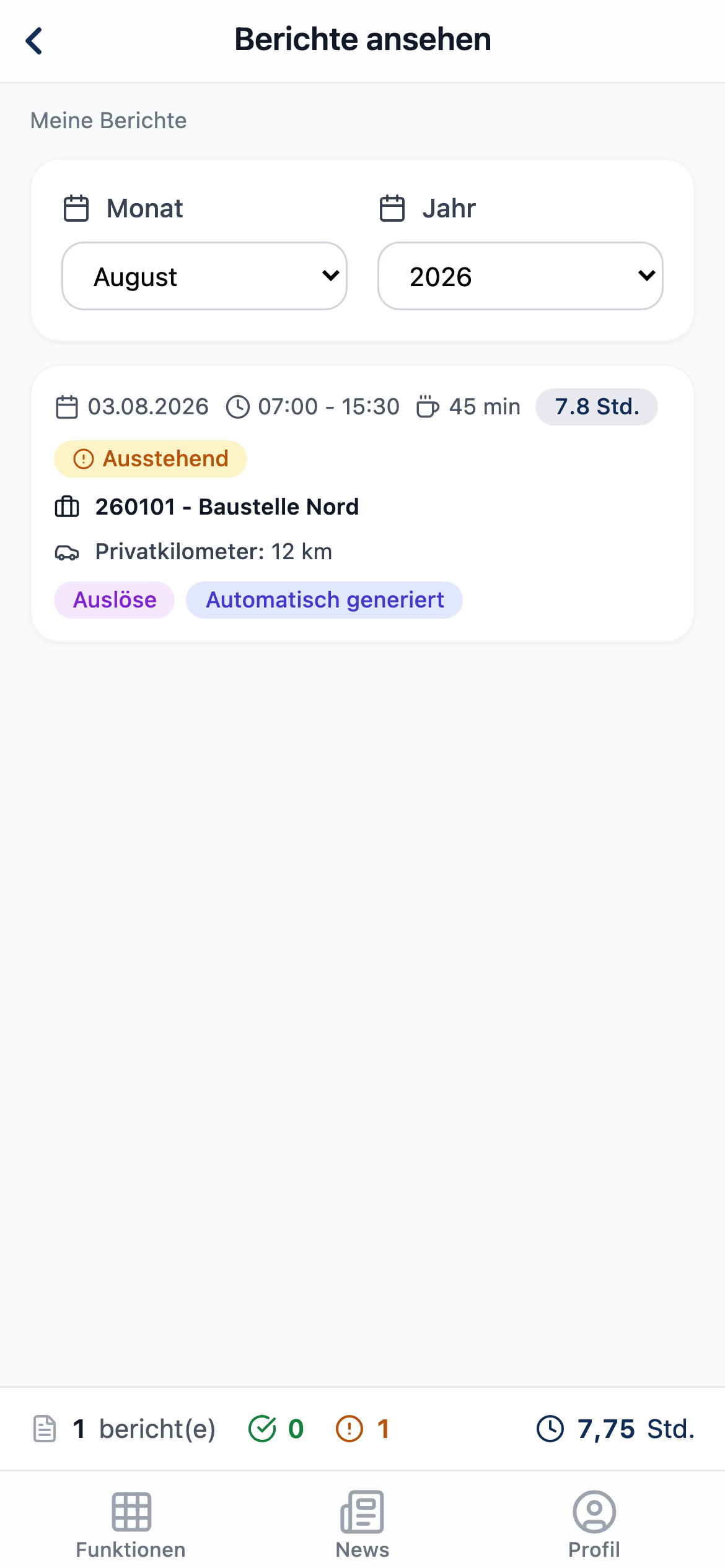 PROEXO App: Monatsübersicht der erfassten Arbeitszeiten mit Verifizierungsstatus