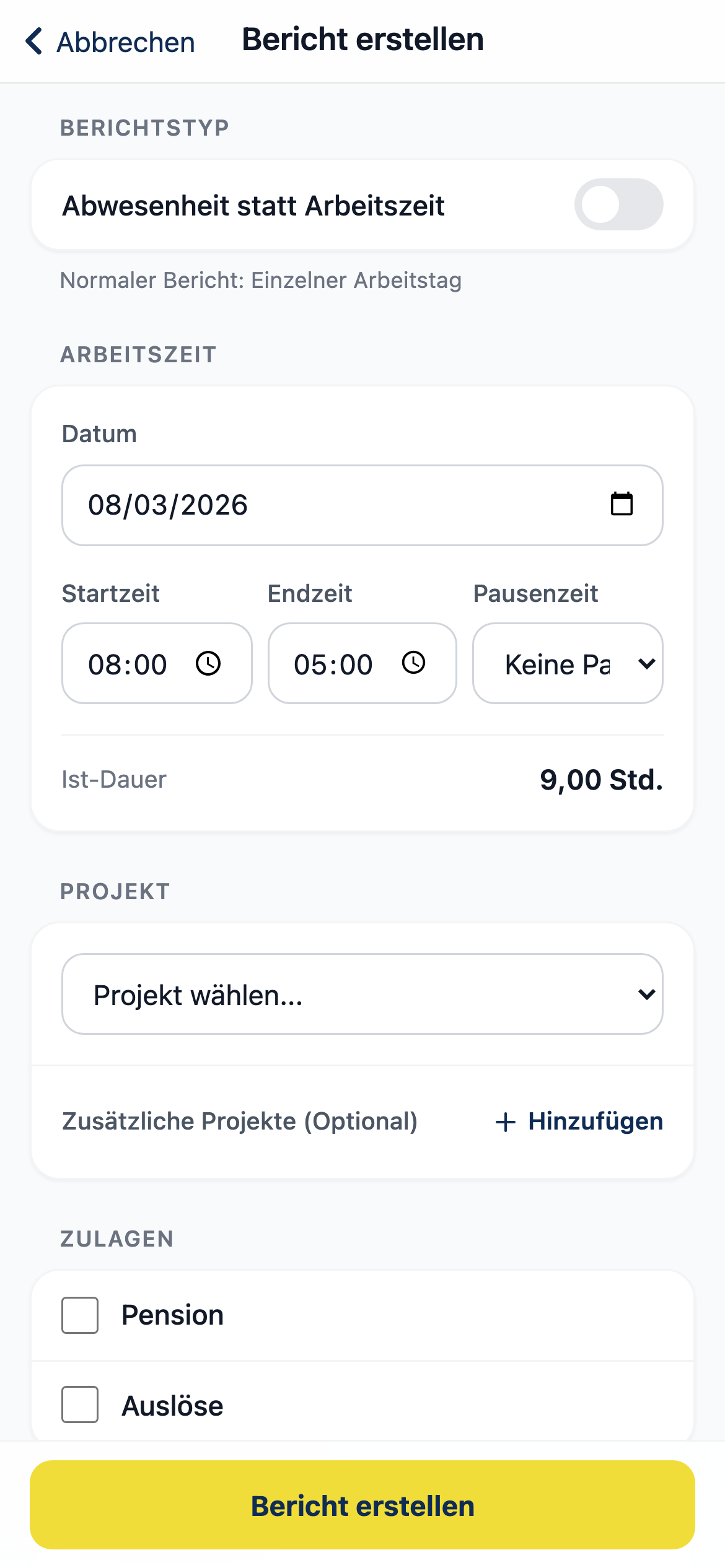 PROEXO App: Arbeitszeit mit Projekt, Pause und Kommentar erfassen