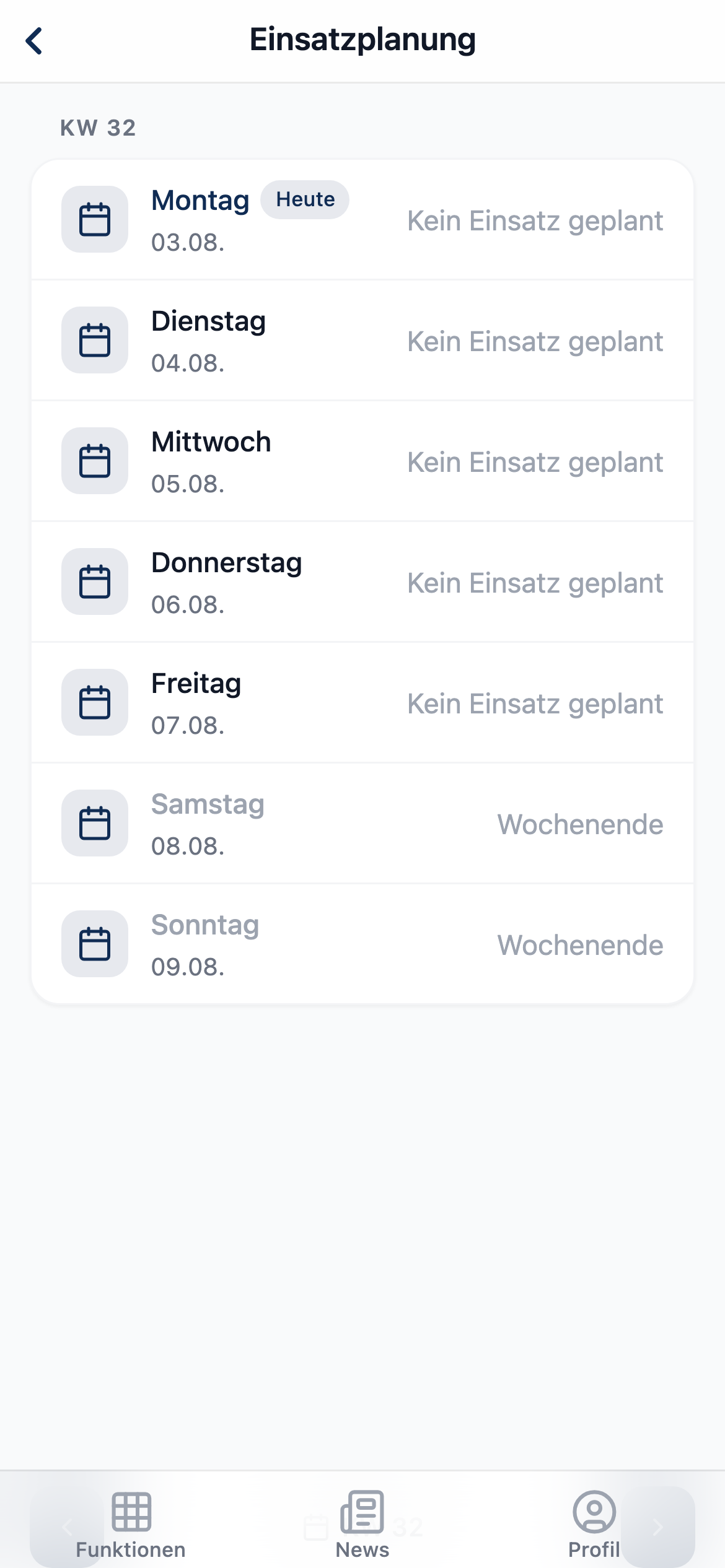 PROEXO App: persönlicher Einsatzplan mit Baustelle und Datum