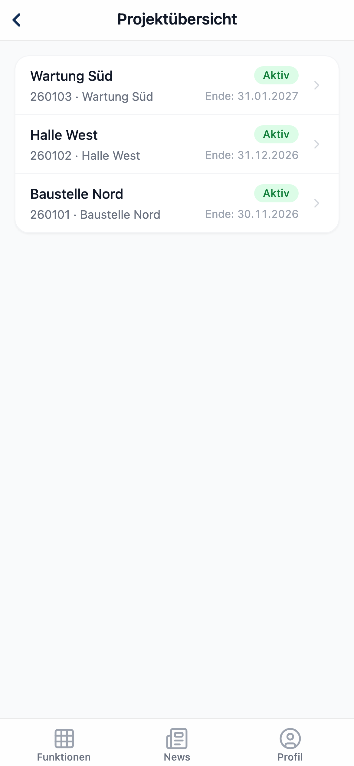 PROEXO App: Projektübersicht mit Nummer, Zeitraum und Status