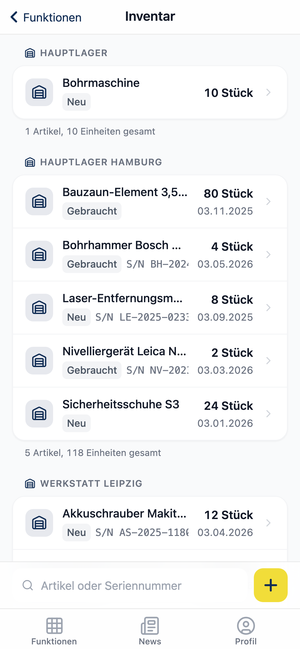 PROEXO App: Inventar mit Beständen, Lagerort und Zustand