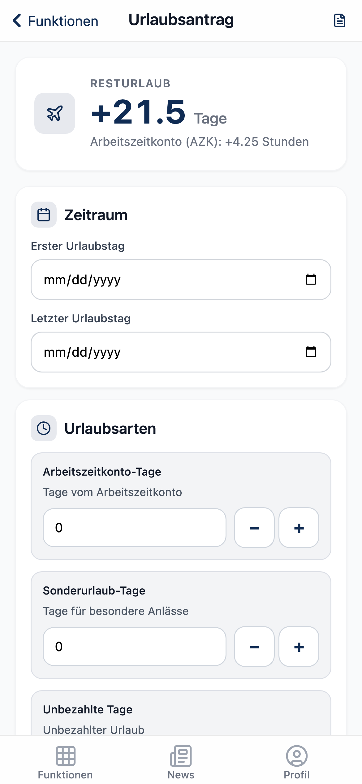 PROEXO App: Urlaub mit Zeitraum und Resttagen beantragen
