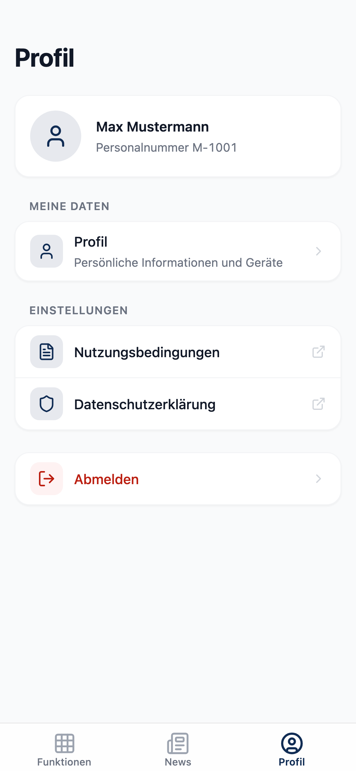 PROEXO App: Mitarbeiterprofil mit Stammdaten und Einstellungen