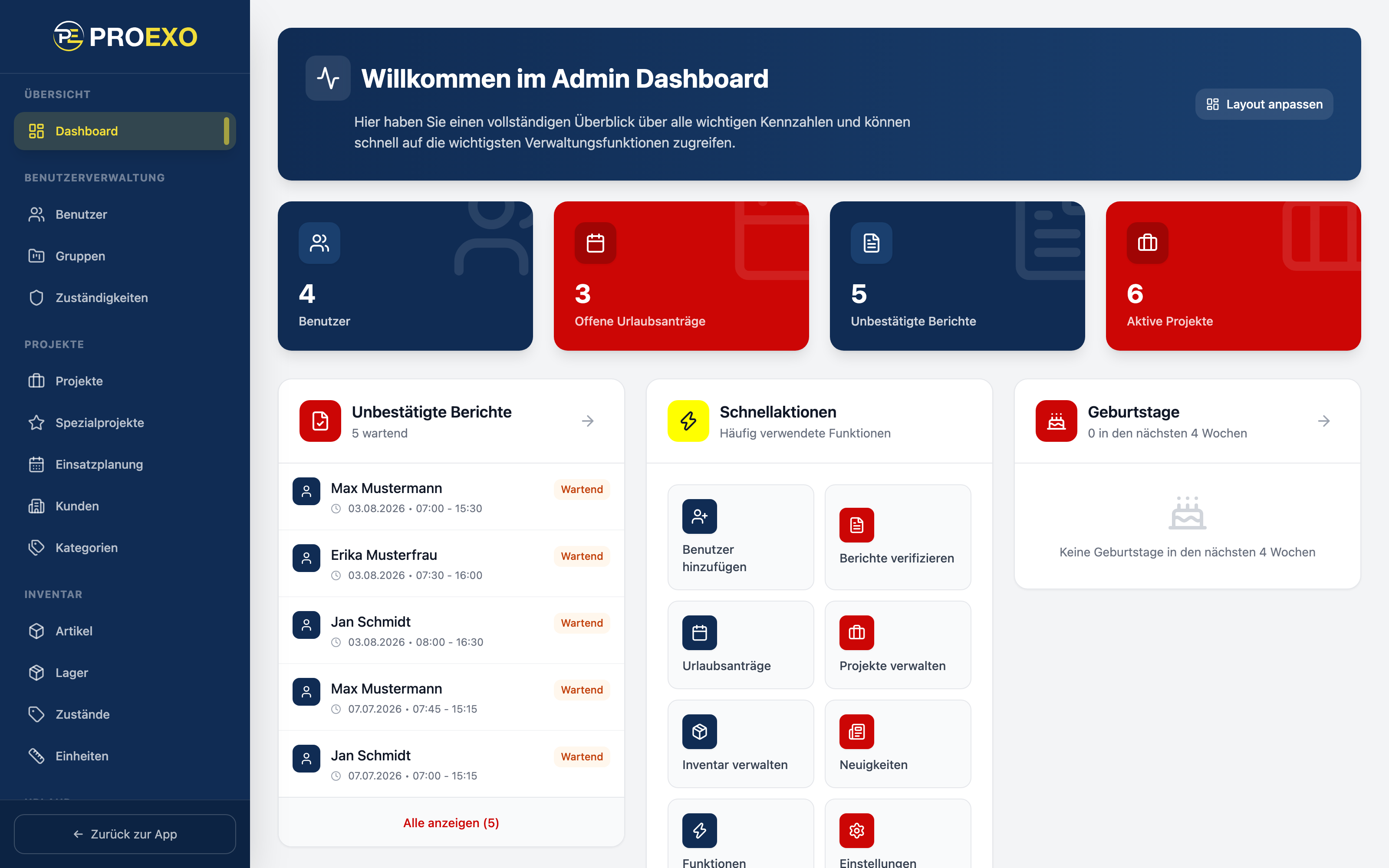 PROEXO Verwaltung: Dashboard mit Kennzahlen, offenen Anträgen und Schnellaktionen