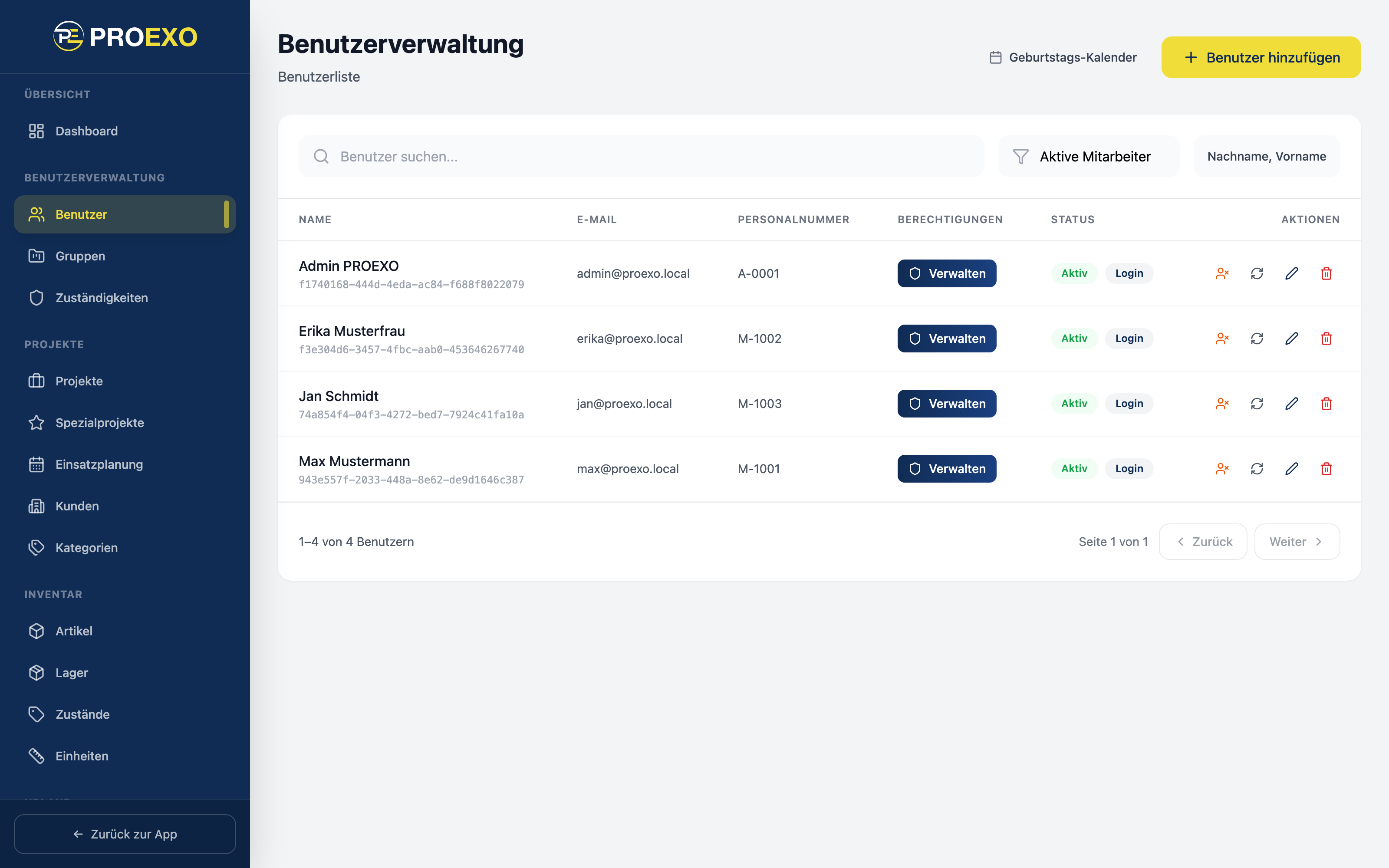 PROEXO Verwaltung: Mitarbeiterverwaltung mit Gruppen und Berechtigungen
