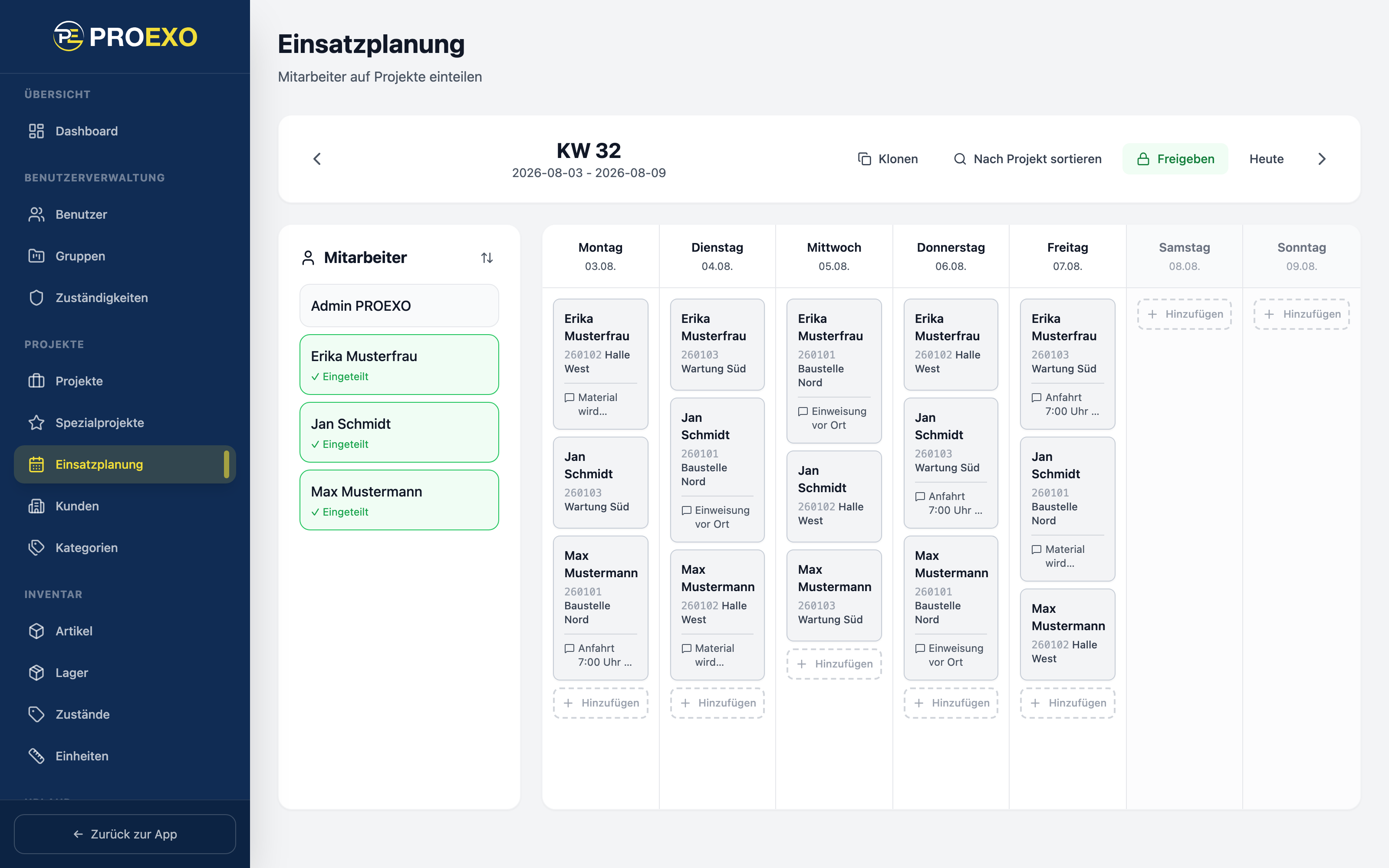 PROEXO Verwaltung: Mitarbeiter auf Projekte einteilen