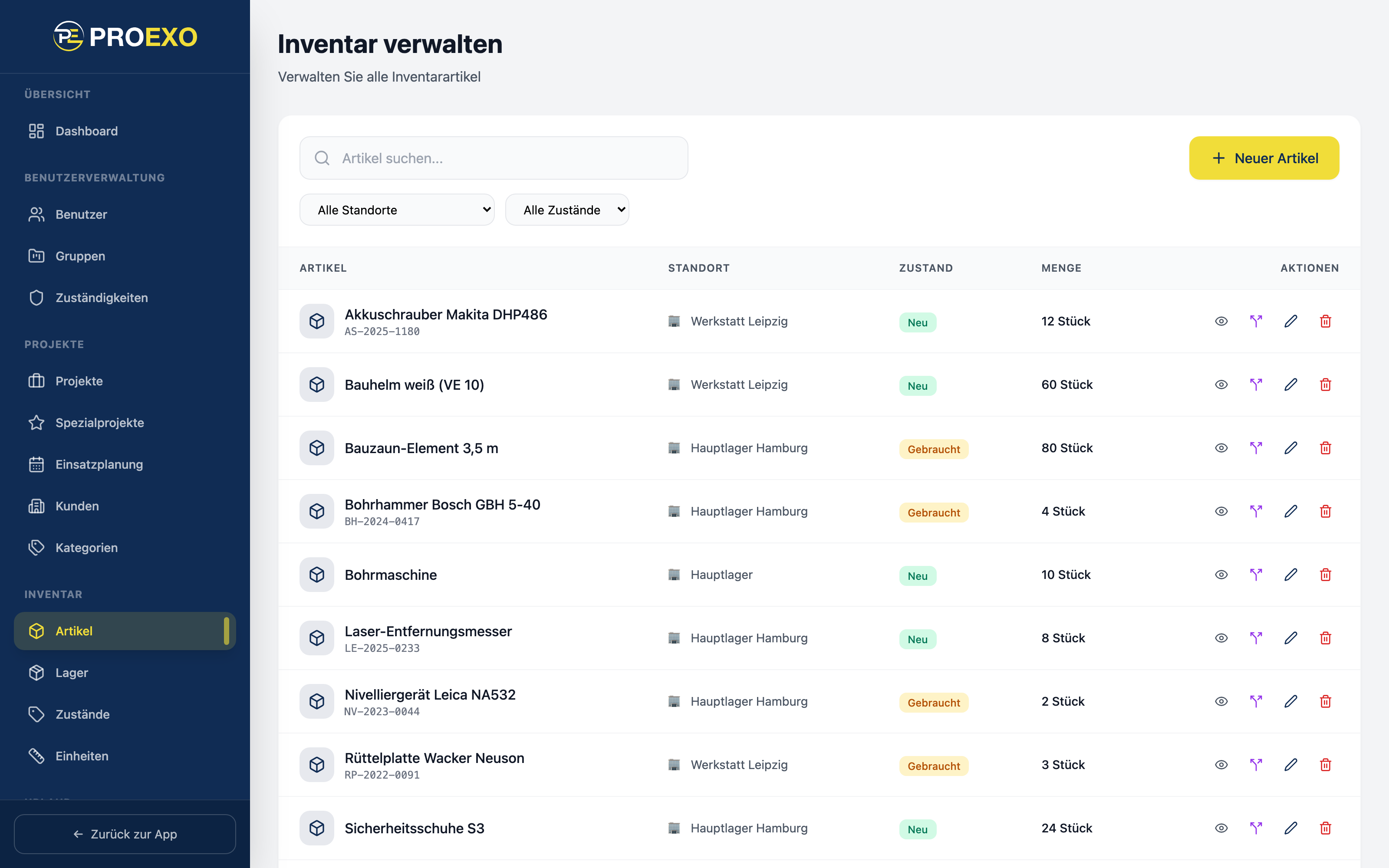 PROEXO Verwaltung: Inventarartikel, Lager und Bestandshistorie