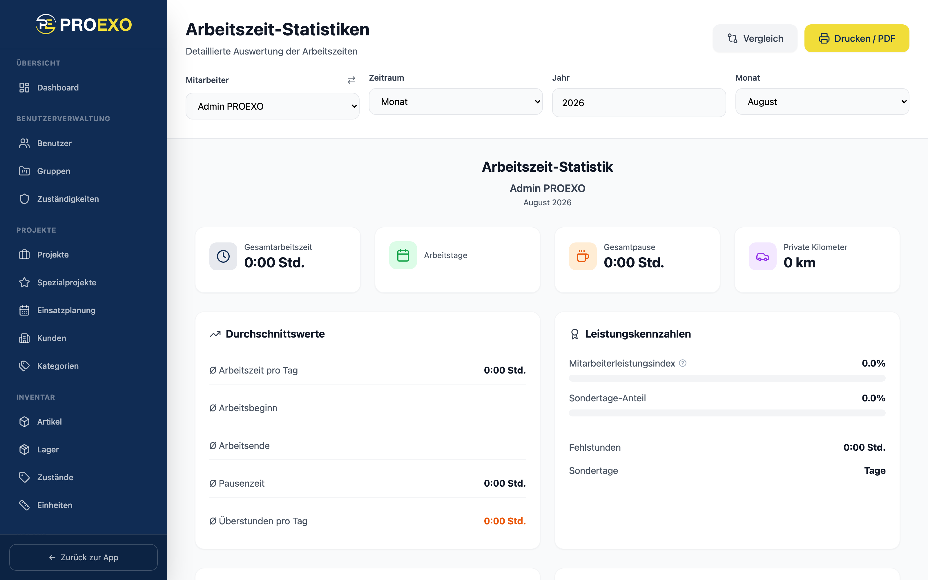 PROEXO Verwaltung: Auswertungen zu Arbeitszeiten und Projekten